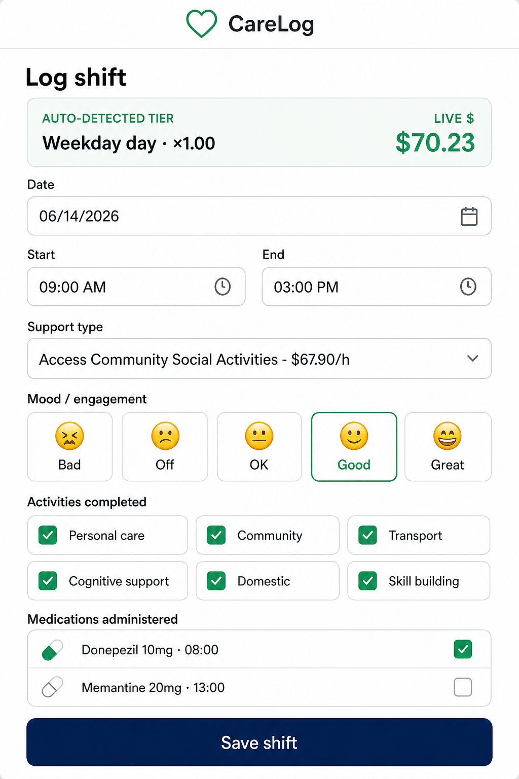 CareLogging log shift screen